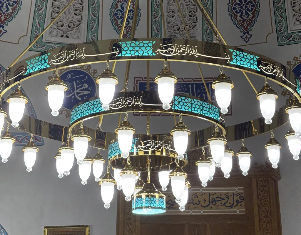 Selçuklu Besmeleli Ledli Cami Avizesi (2 metre 3 halka 36 kandilli)